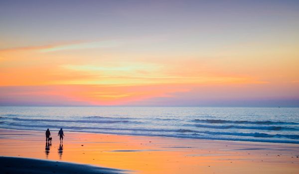 Walk on beach with dog at sunset