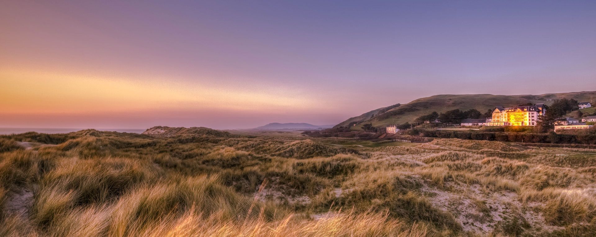 Dunes at Aberdovey beach at sunset